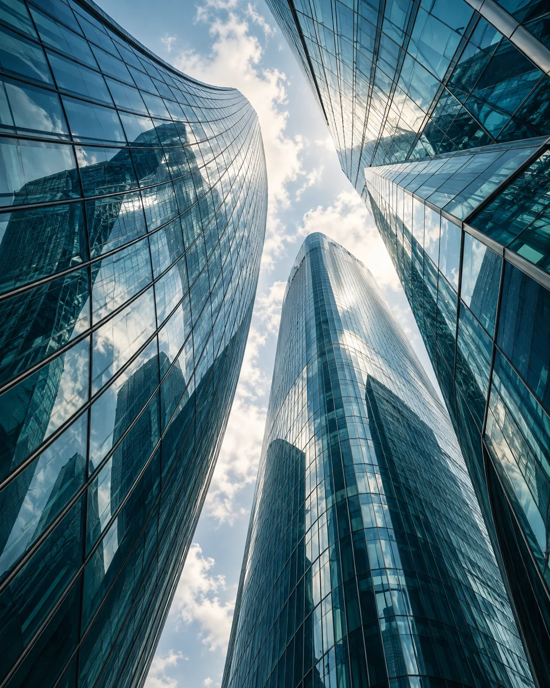 Looking upward between glass towers reflecting the sky